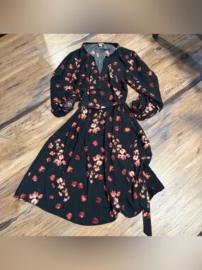 a new day Black Midi Wrap Dress with Red & Pink Floral Print